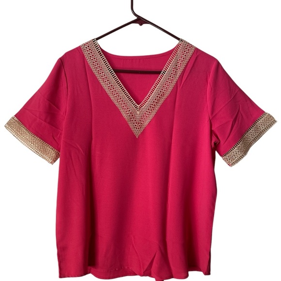 Hot Pink V Neckline Short Sleeves Medium Casual Summer Top Brand New - Picture 1 of 5